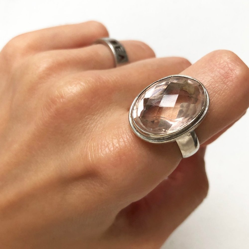 Huge pink stone crystal ring sz 8 1/4 US, rose quartz ring sterling silver